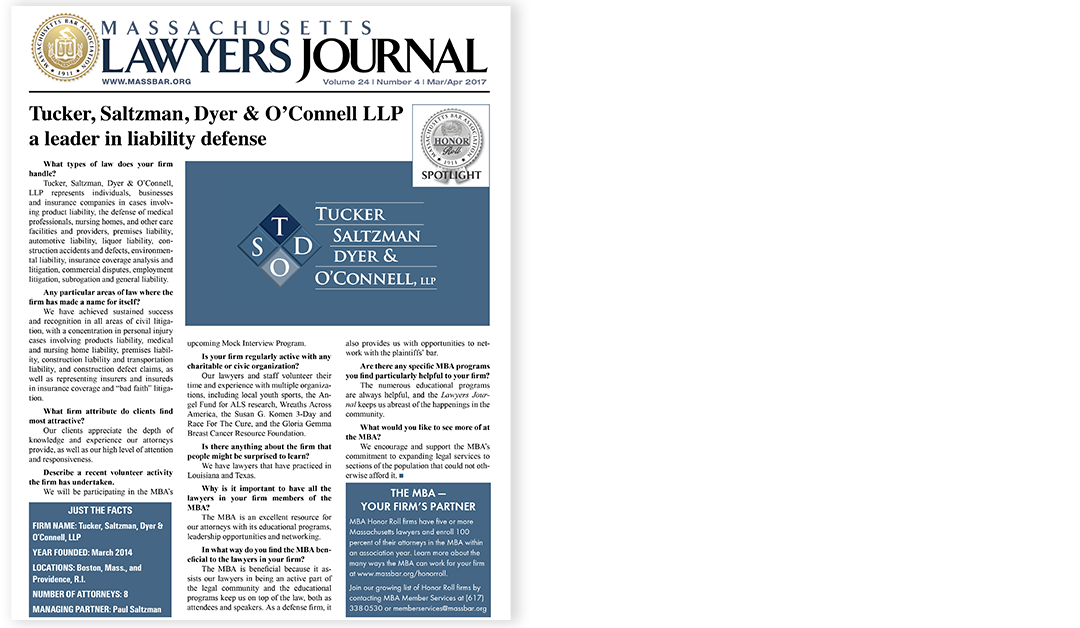 Tucker, Saltzman, Dyer & O’Connell, LLP Featured in Massachusetts Lawyers Journal